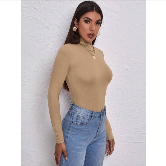 Tan Turtleneck Long Sleeve Tee Shirt - Picture 5 of 6